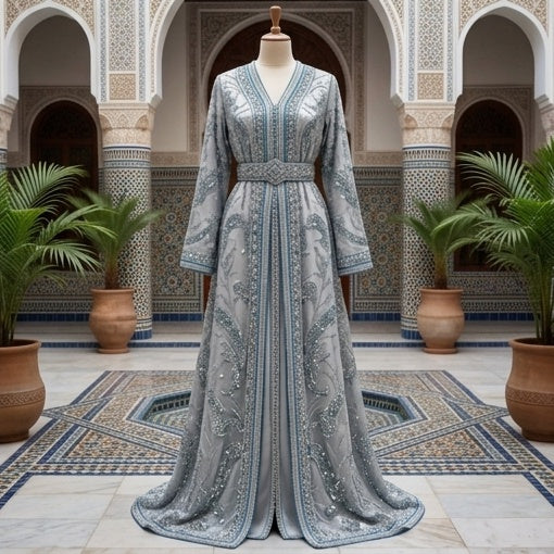 Takchita marocaine réalisée avec tissu Gris perle brodé