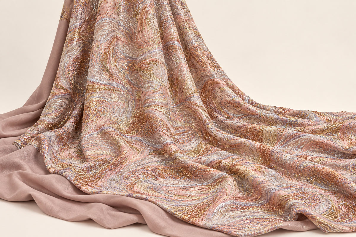 Tissu Brocart strass Pêche cuivré