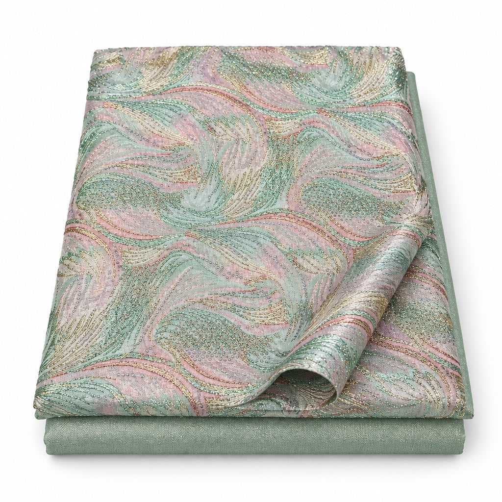 Tissu Brocart strass Vert d'eau rosé