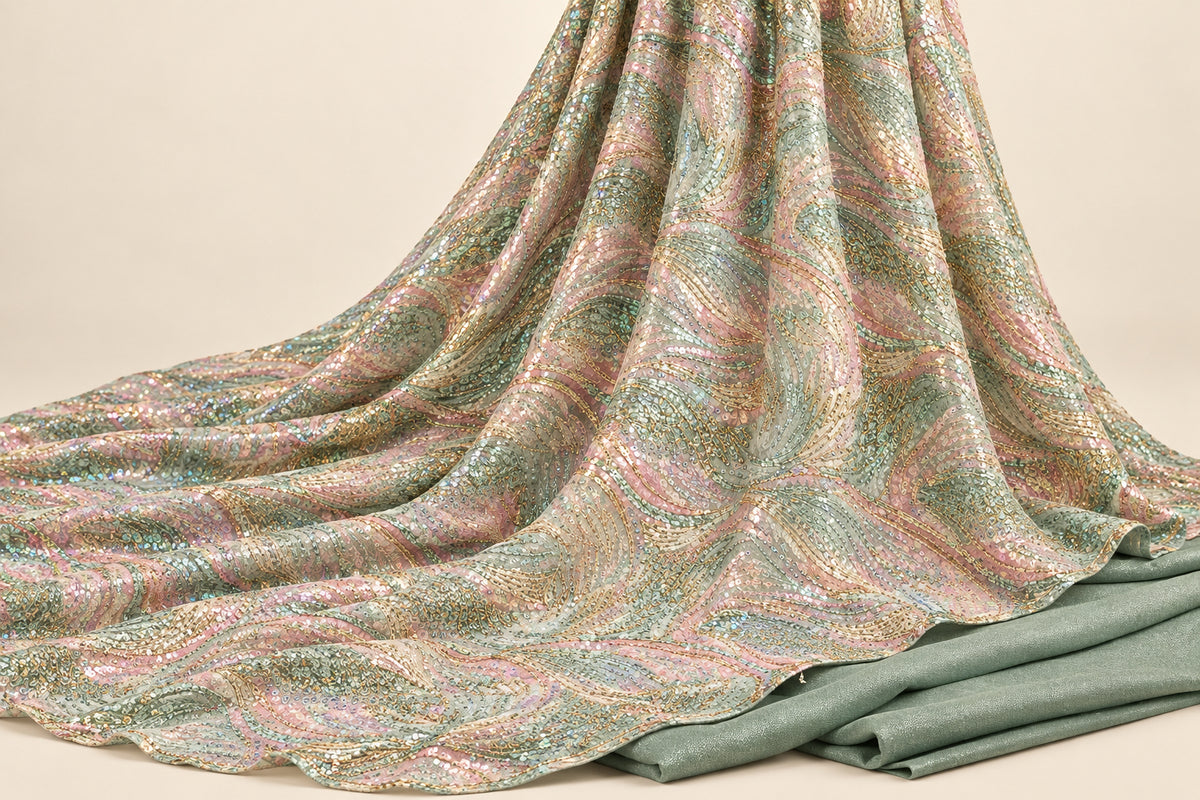 Tissu Brocart strass Vert d'eau rosé