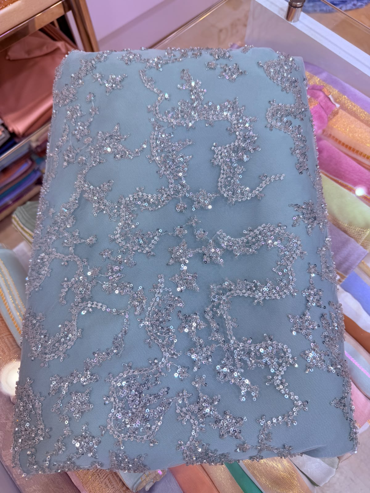 Tissu Elie Saab – Bleu aqua argenté