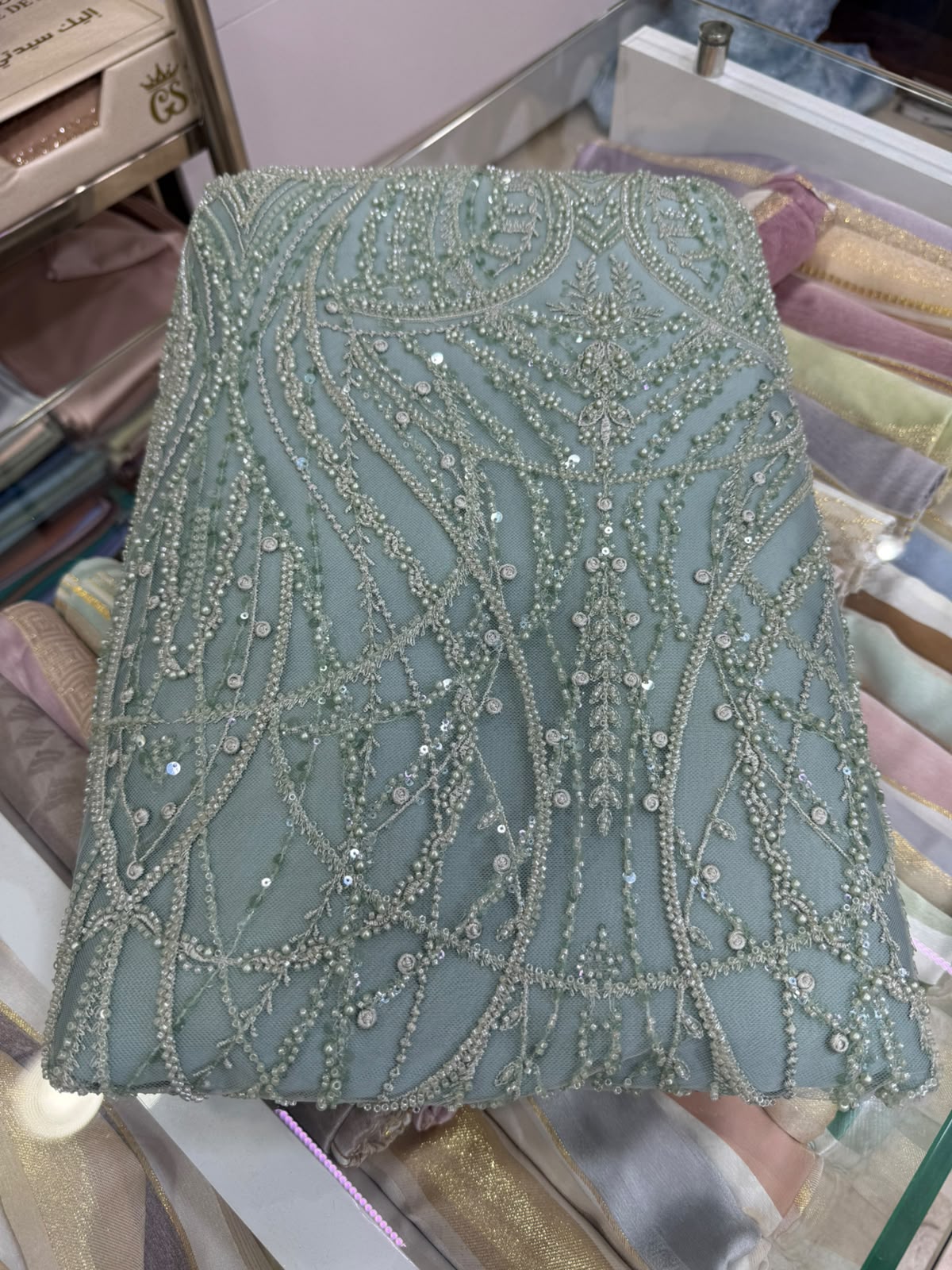 Tissu Elie Saab – Vert d'eau perlé