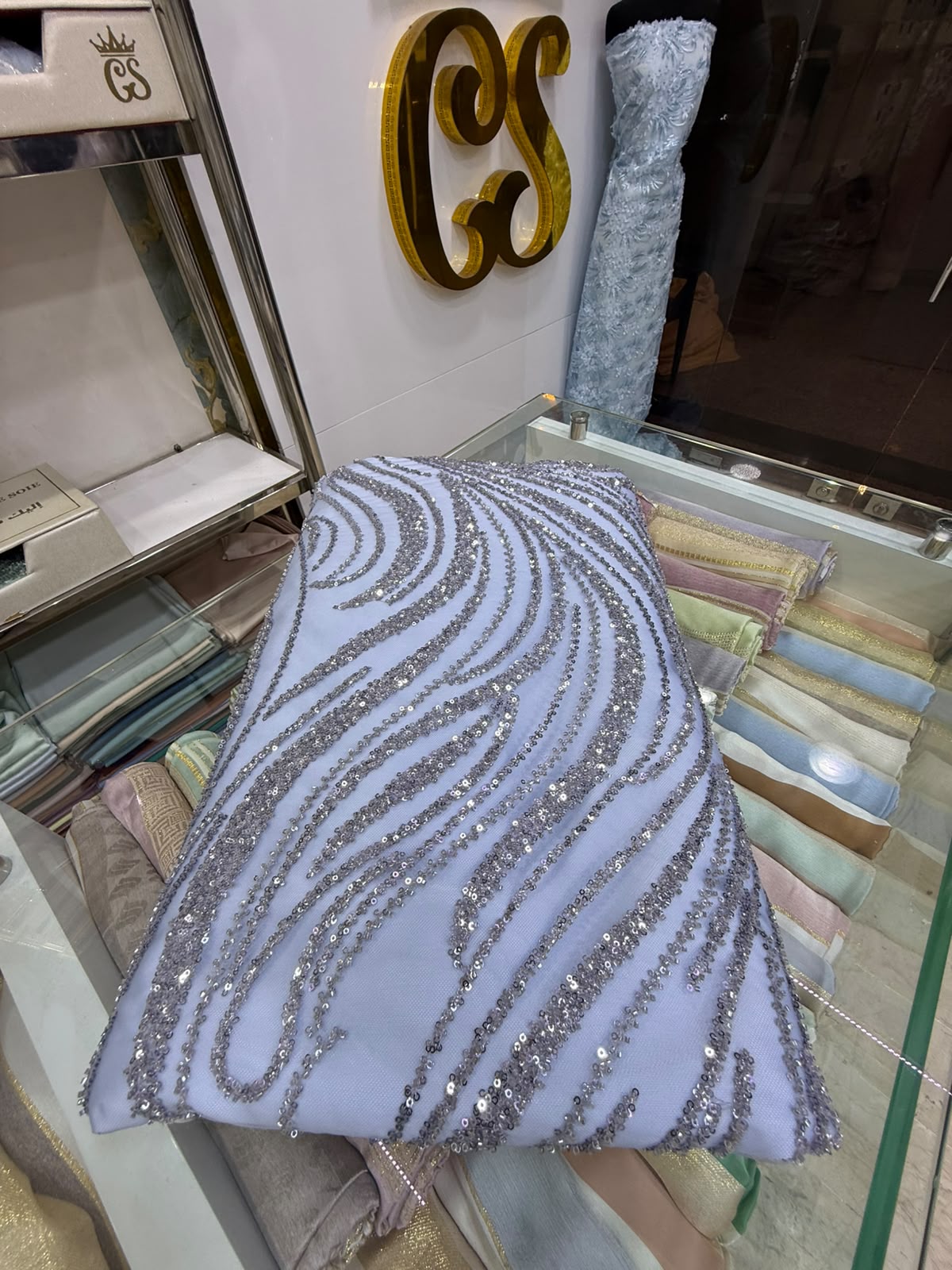 Tissu Elie Saab – Bleu pâle argenté