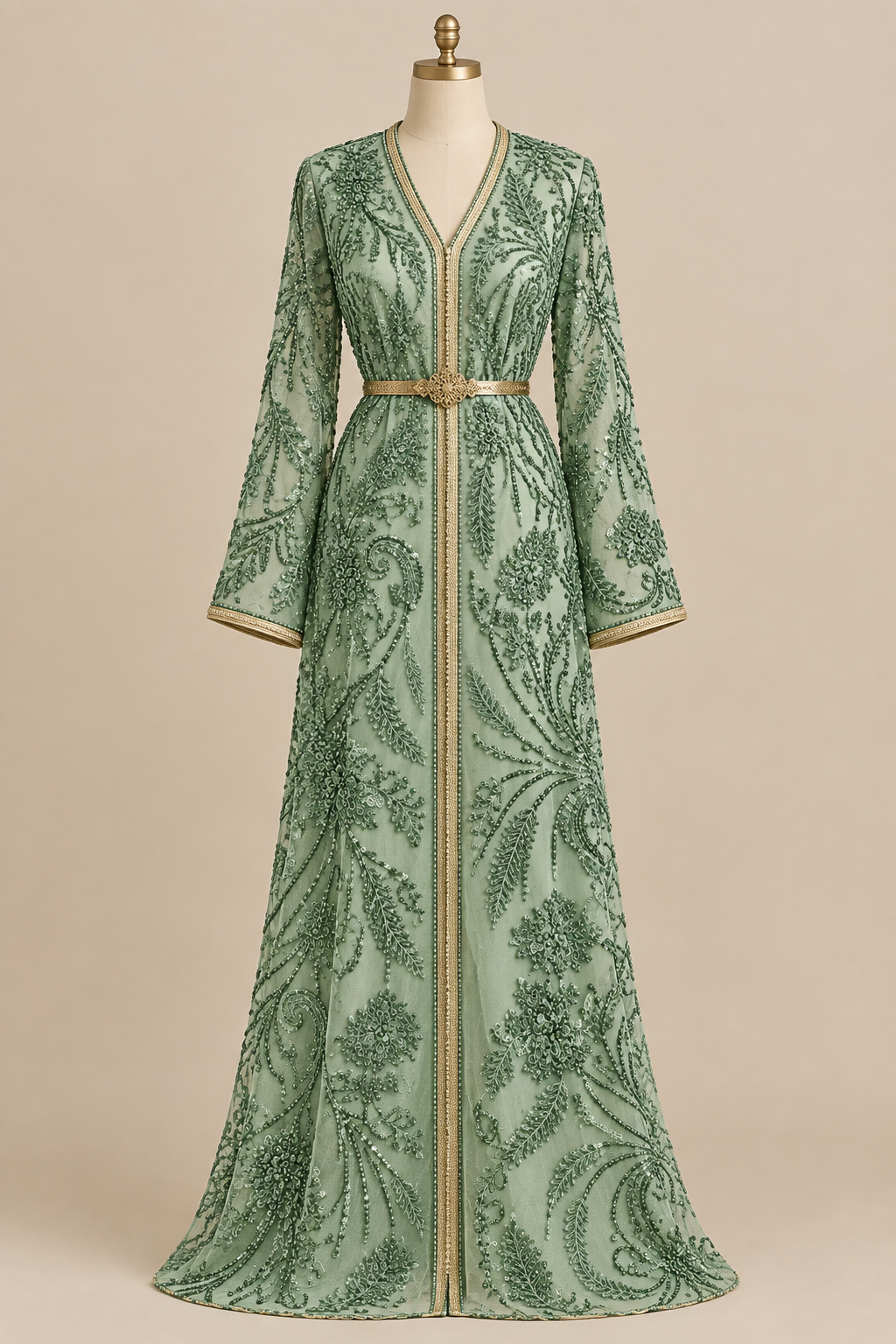Caftan en tissu Elie Saab Vert sauge pailleté sur mannequin