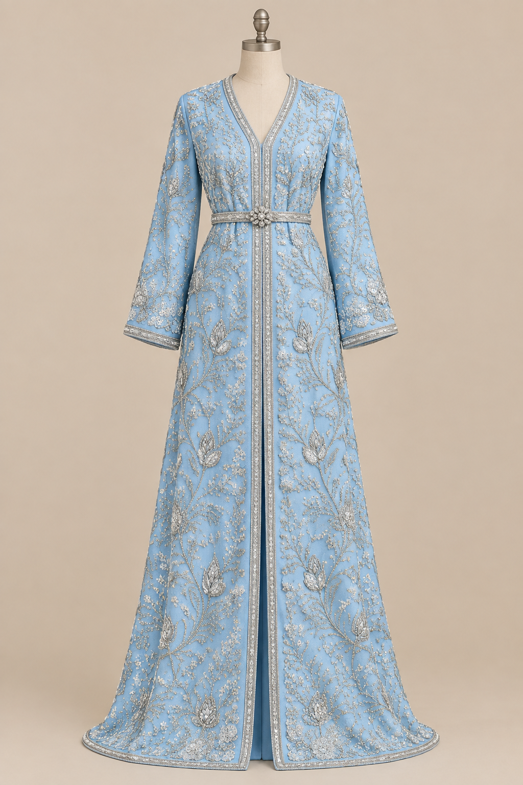 Caftan en tissu Elie Saab Bleu aqua argenté sur mannequin