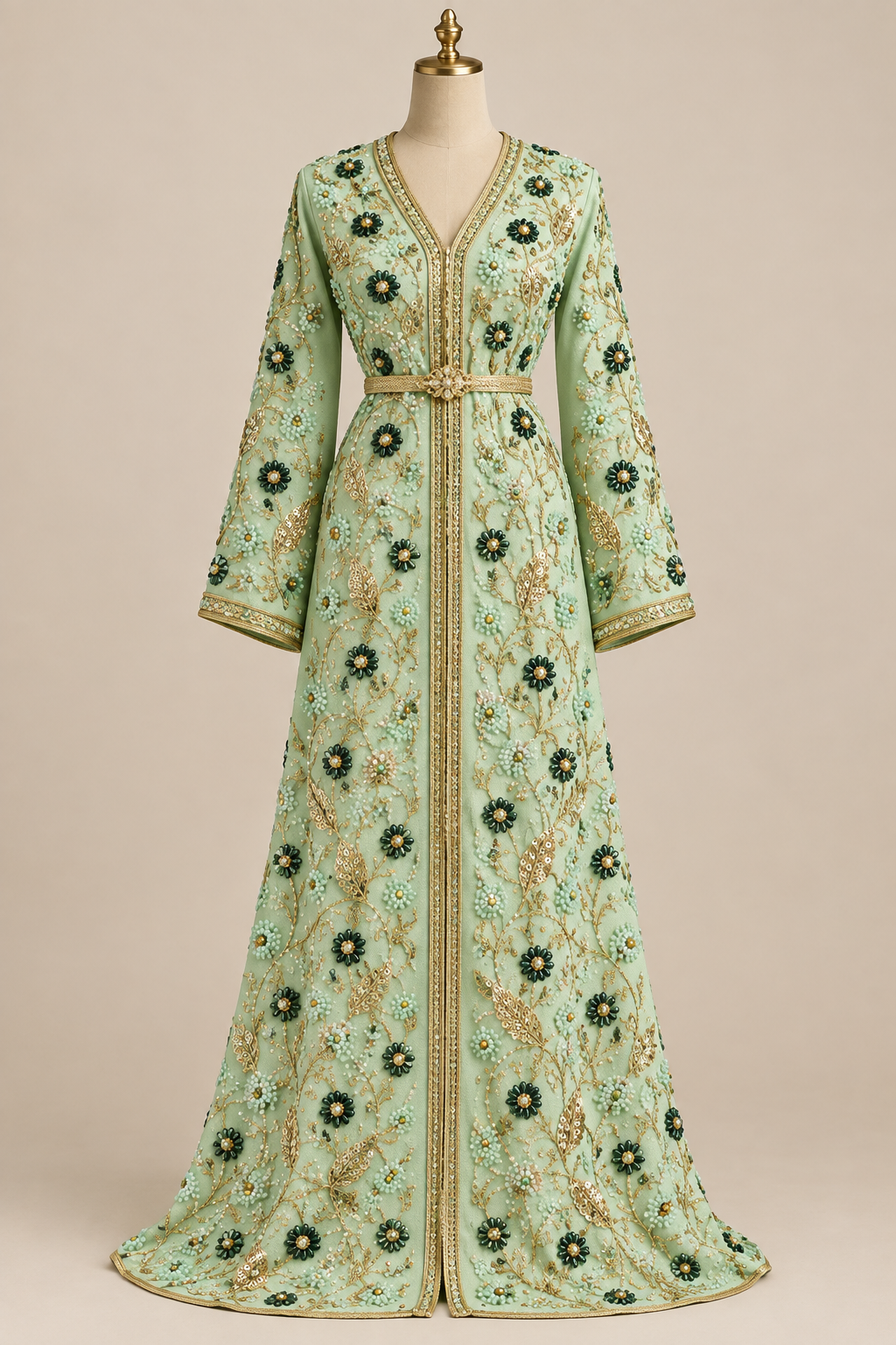 Caftan en tissu Elie Saab Vert pastel fleuri sur mannequin