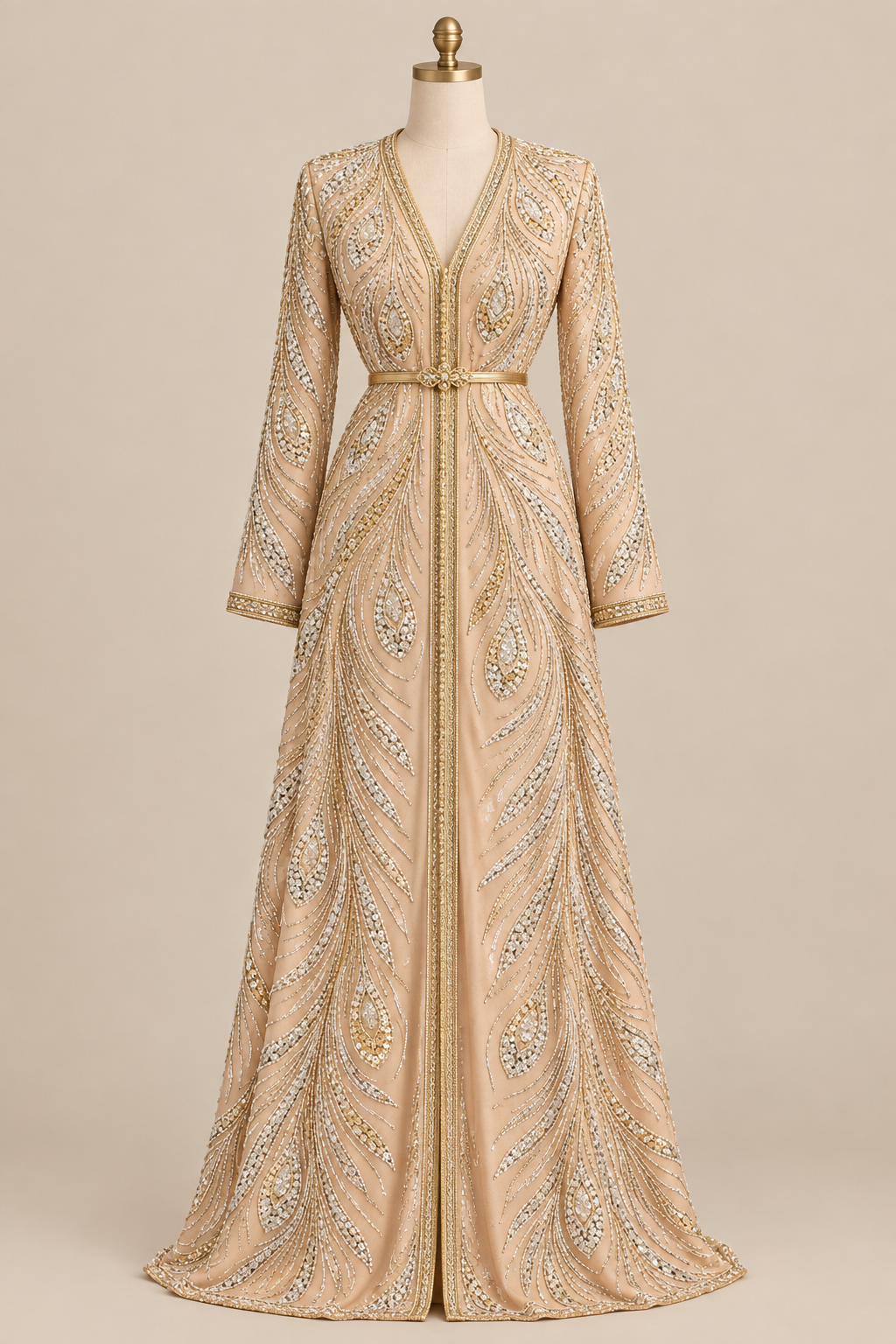 Caftan en tissu Elie Saab Pêche perlé sur mannequin