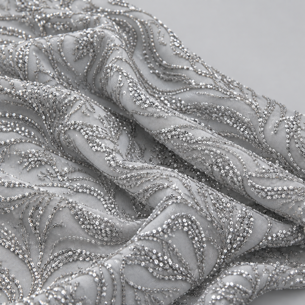 Tissu brodé Elie Saab Gris argenté, drapé