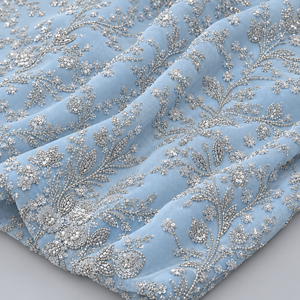 Tissu brodé Elie Saab Bleu aqua argenté, drapé