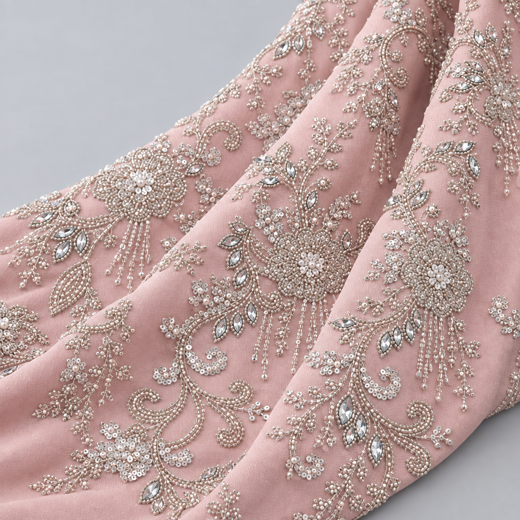 Tissu brodé Elie Saab Rose argenté, drapé