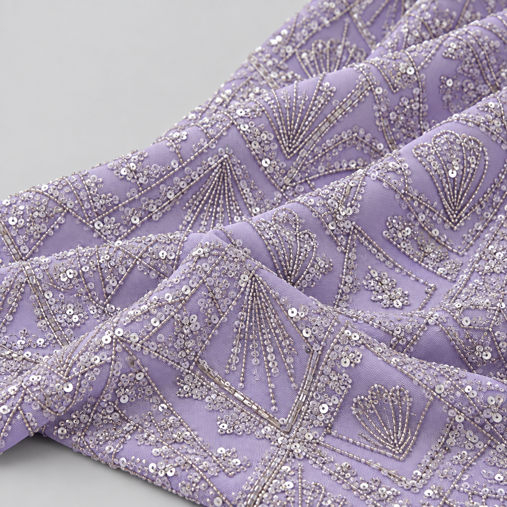 Tissu brodé Elie Saab Lilas argenté, drapé
