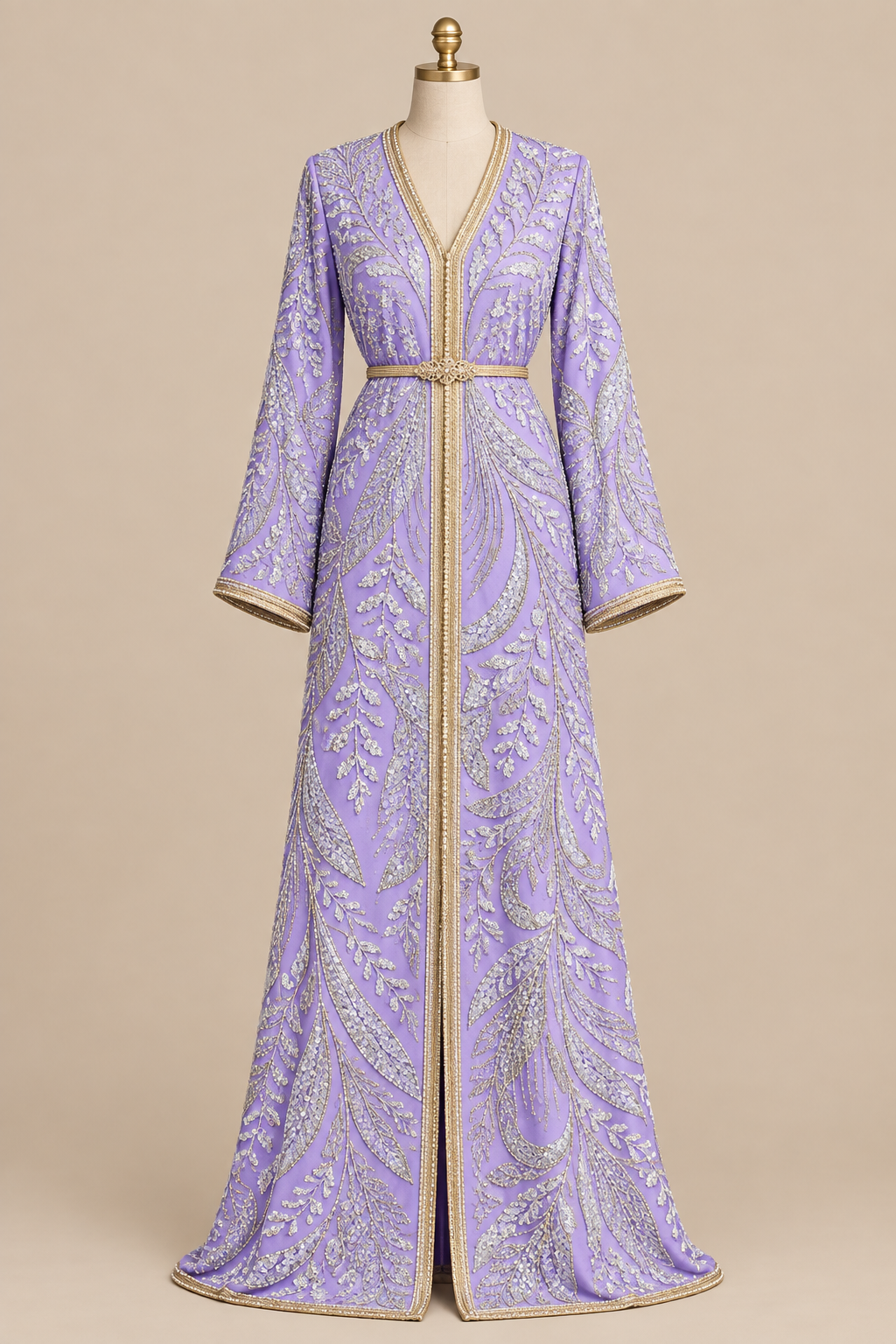 Moroccan caftan in lilac silver botanical lace on beige mannequin