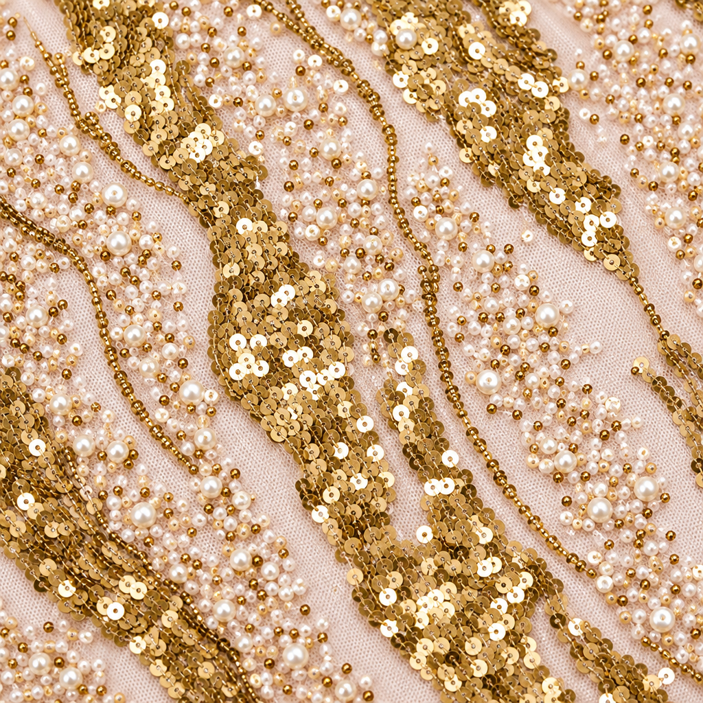 Tissu brodé Elie Saab Rose poudré doré, détail de la broderie