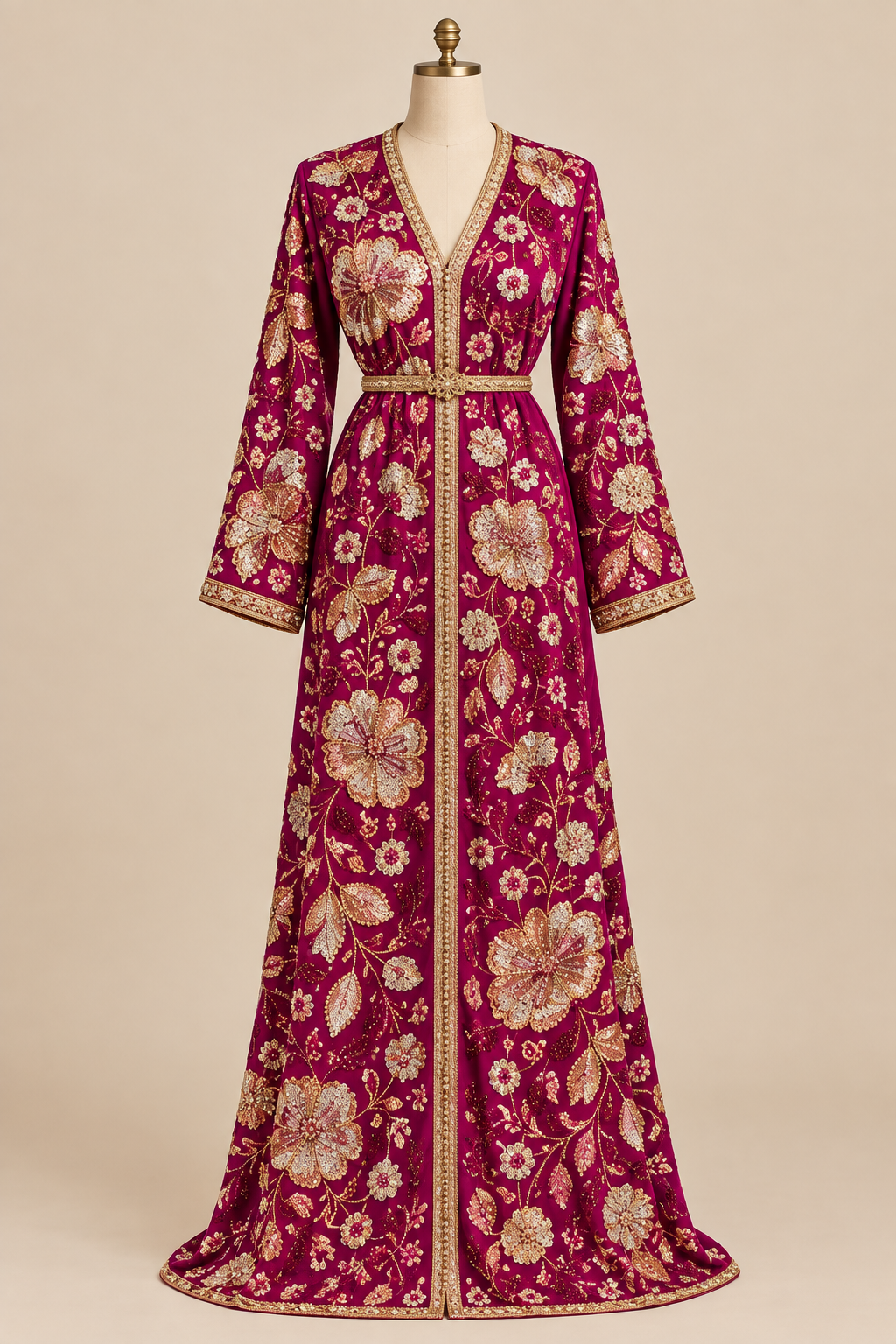 Caftan en tissu Elie Saab Fuchsia doré sur mannequin