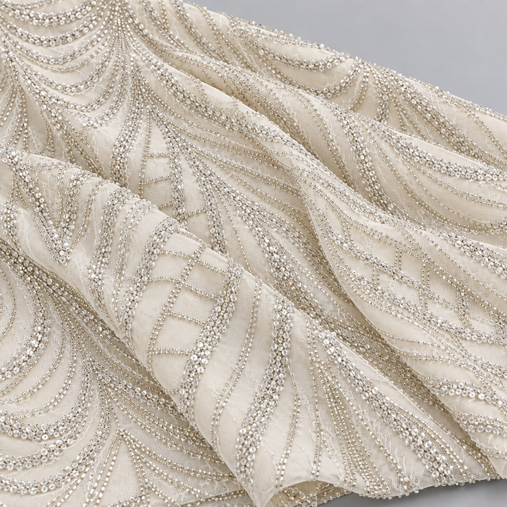 Tissu brodé Elie Saab Ivoire perlé, drapé