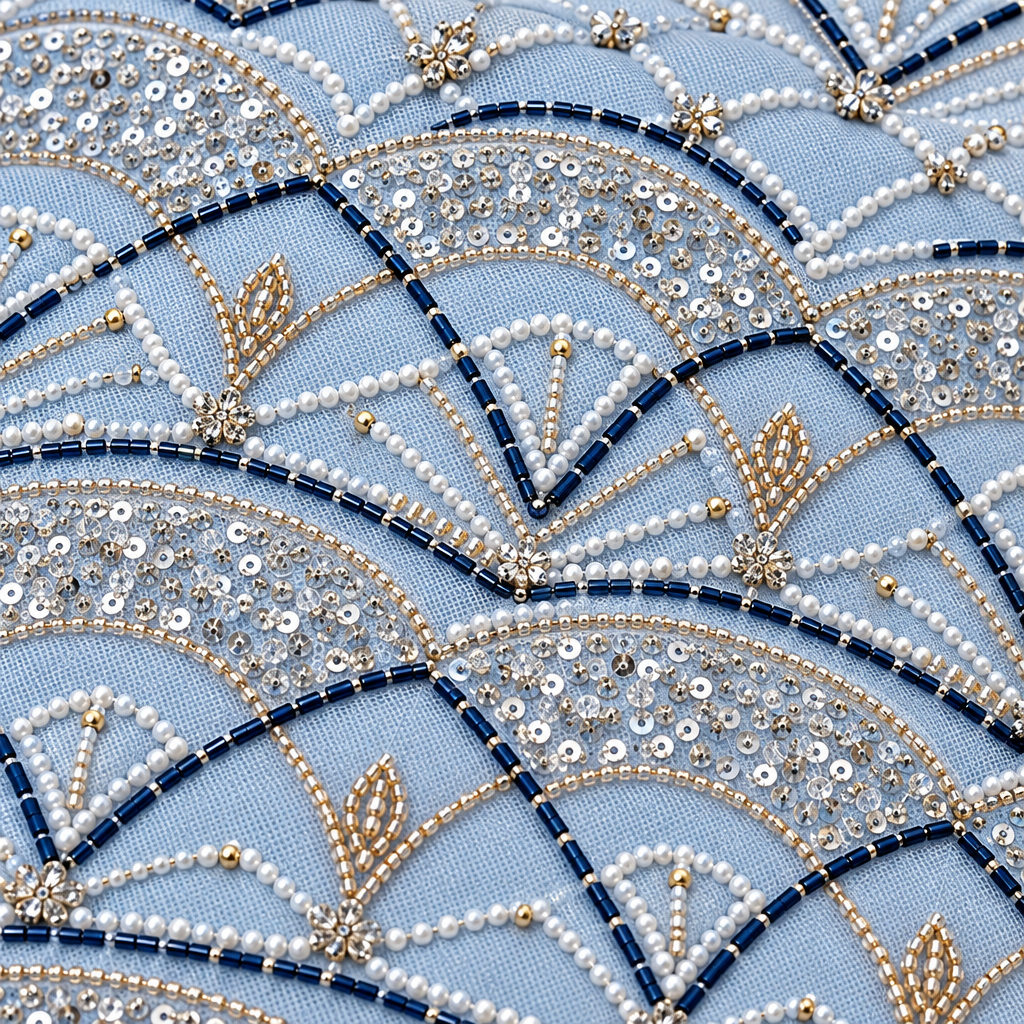 Tissu brodé Elie Saab Bleu glacier, détail de la broderie