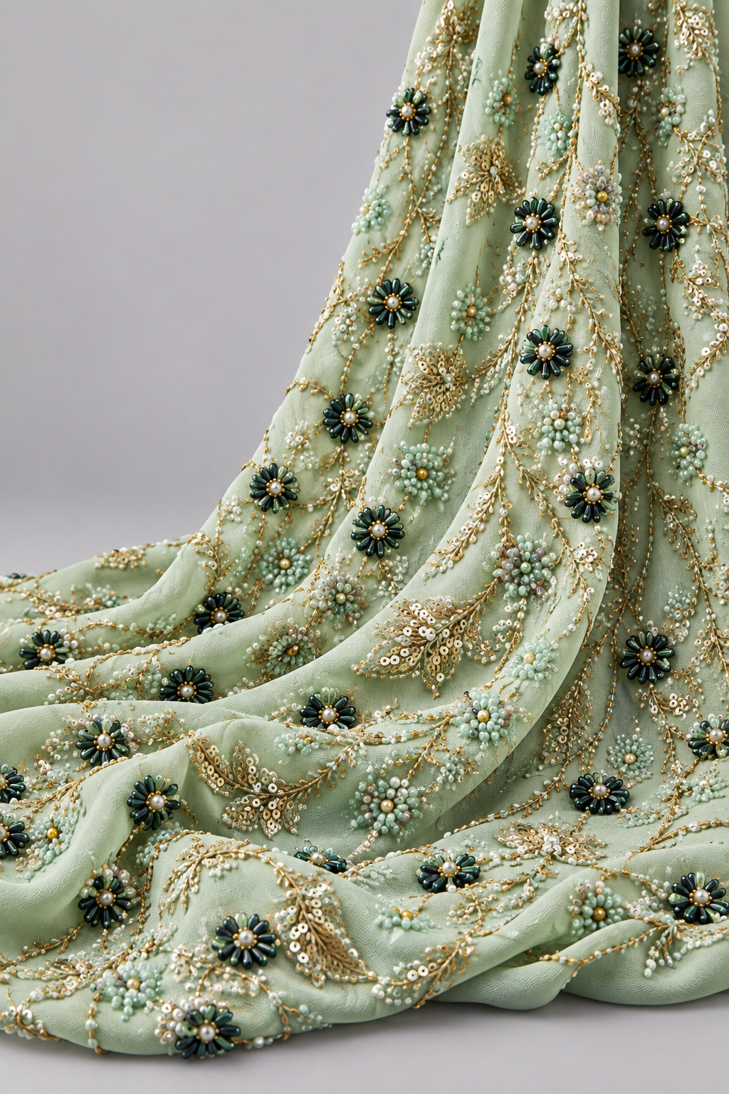 Tissu brodé Elie Saab Vert pastel fleuri, drapé