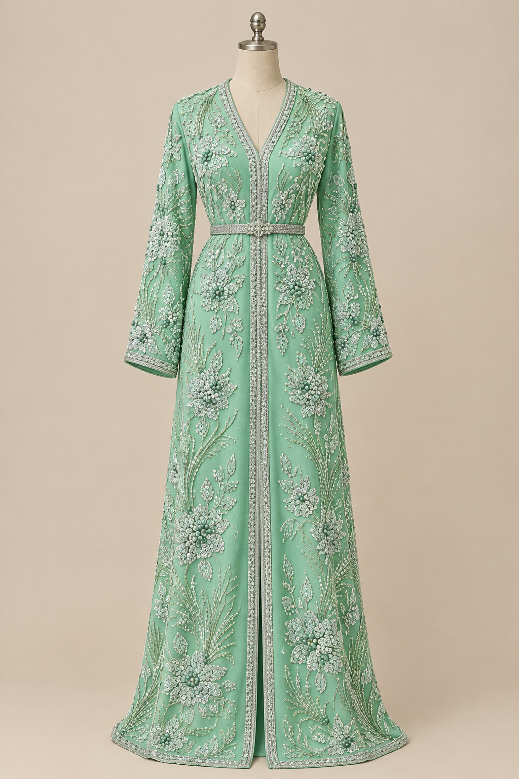 Caftan en tissu Elie Saab Vert menthe argenté sur mannequin