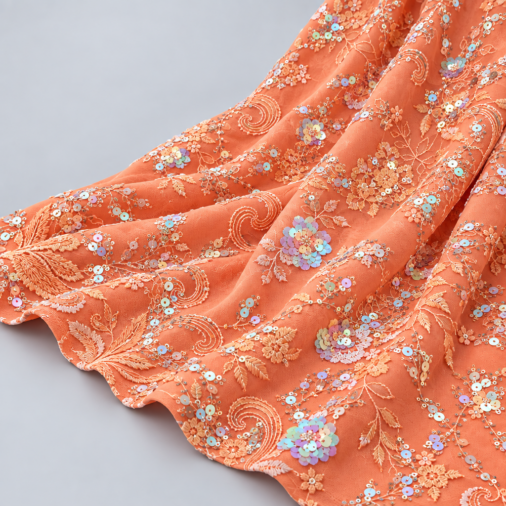 Tissu brodé Elie Saab Corail fleuri, drapé