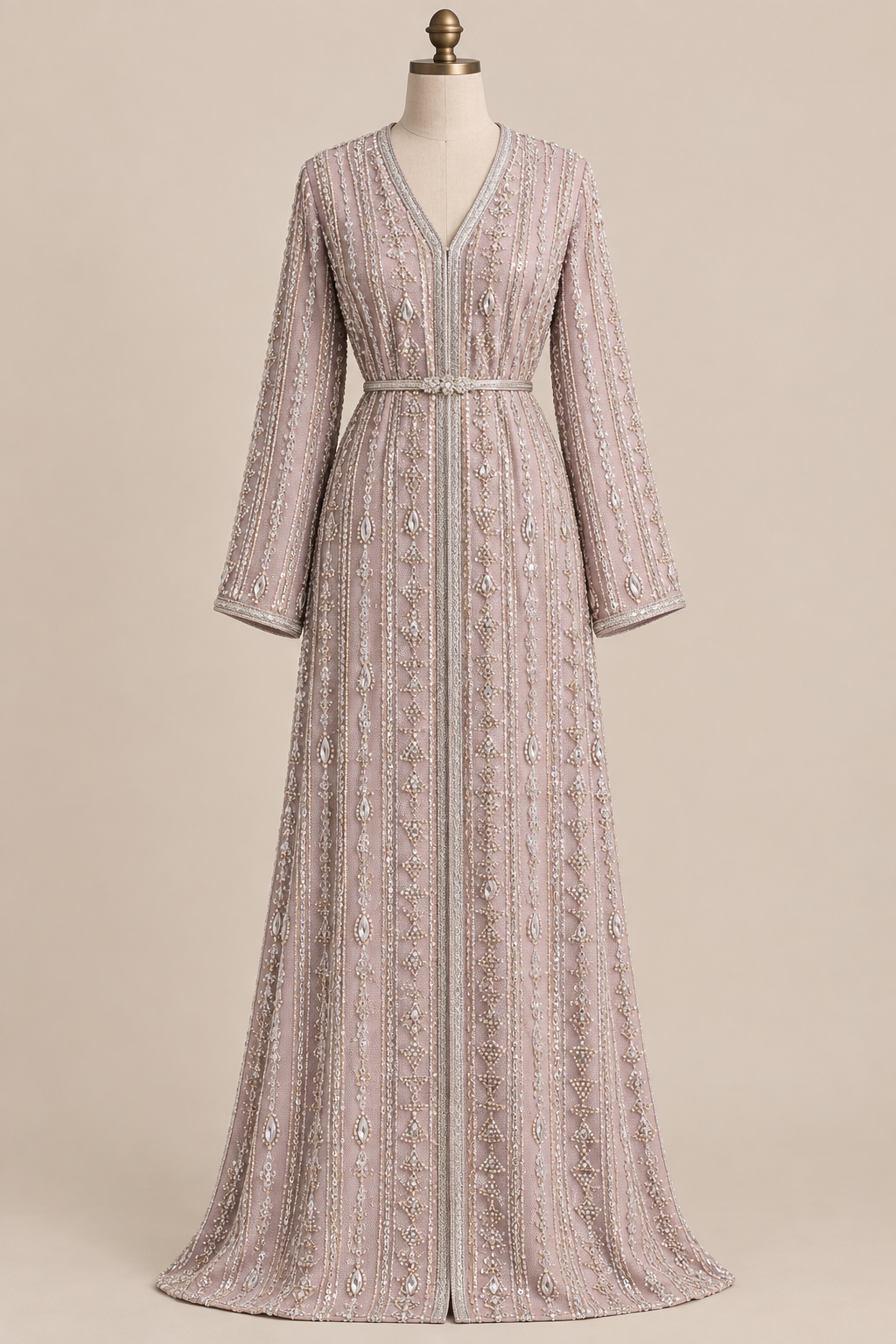 Caftan en tissu Elie Saab Vieux rose cristal sur mannequin