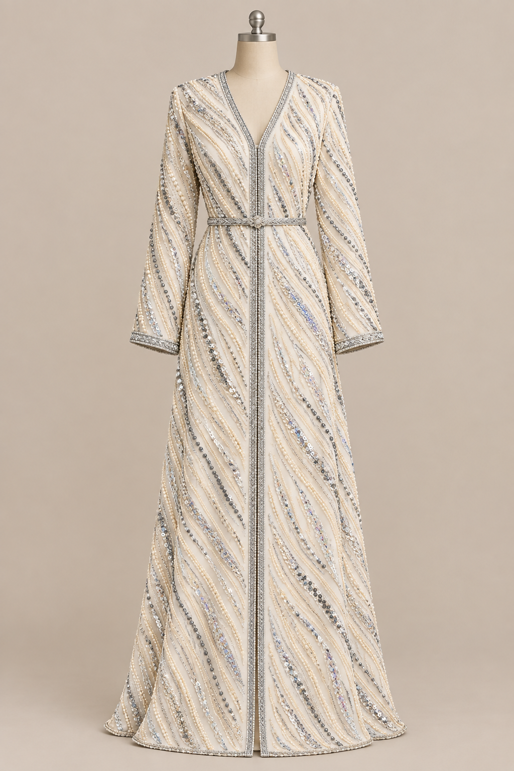 Caftan en tissu Elie Saab Nude irisé sur mannequin
