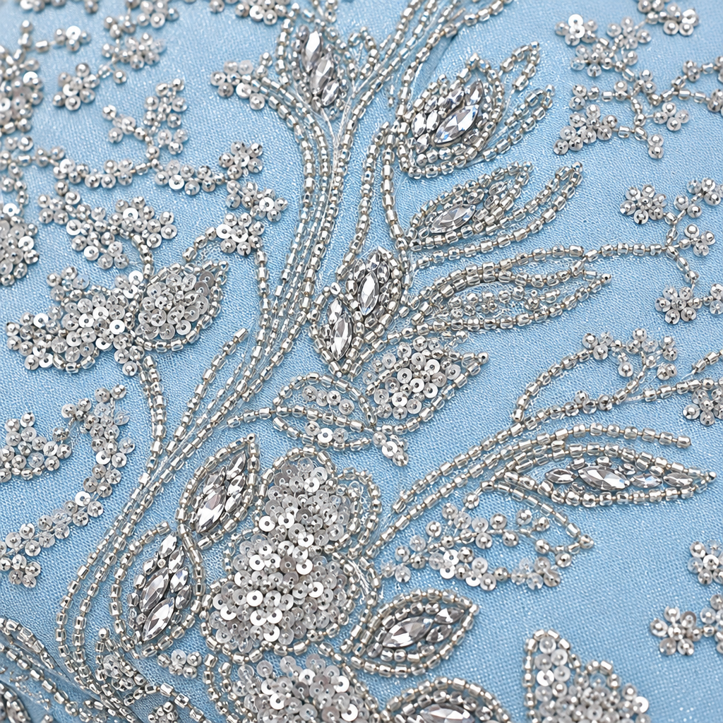 Tissu brodé Elie Saab Bleu aqua argenté, détail de la broderie