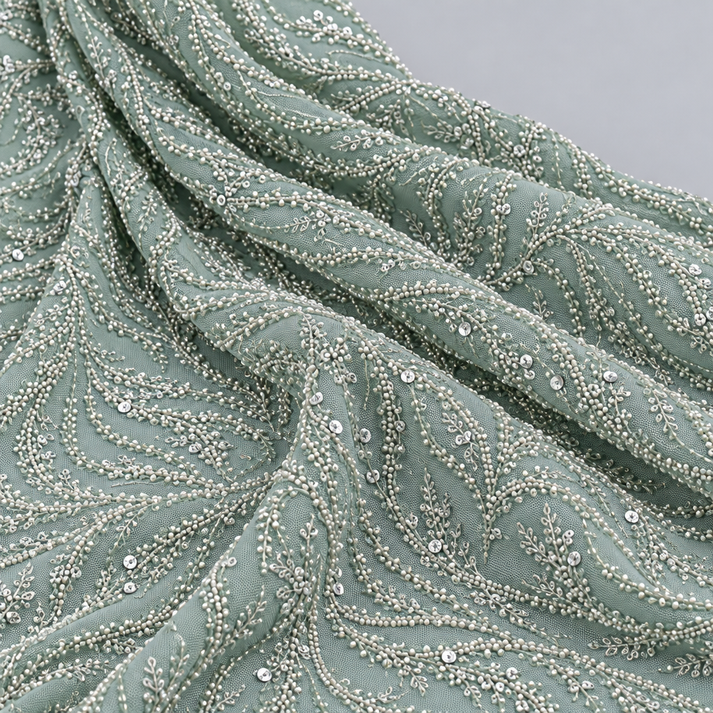 Tissu brodé Elie Saab Vert d'eau perlé, drapé