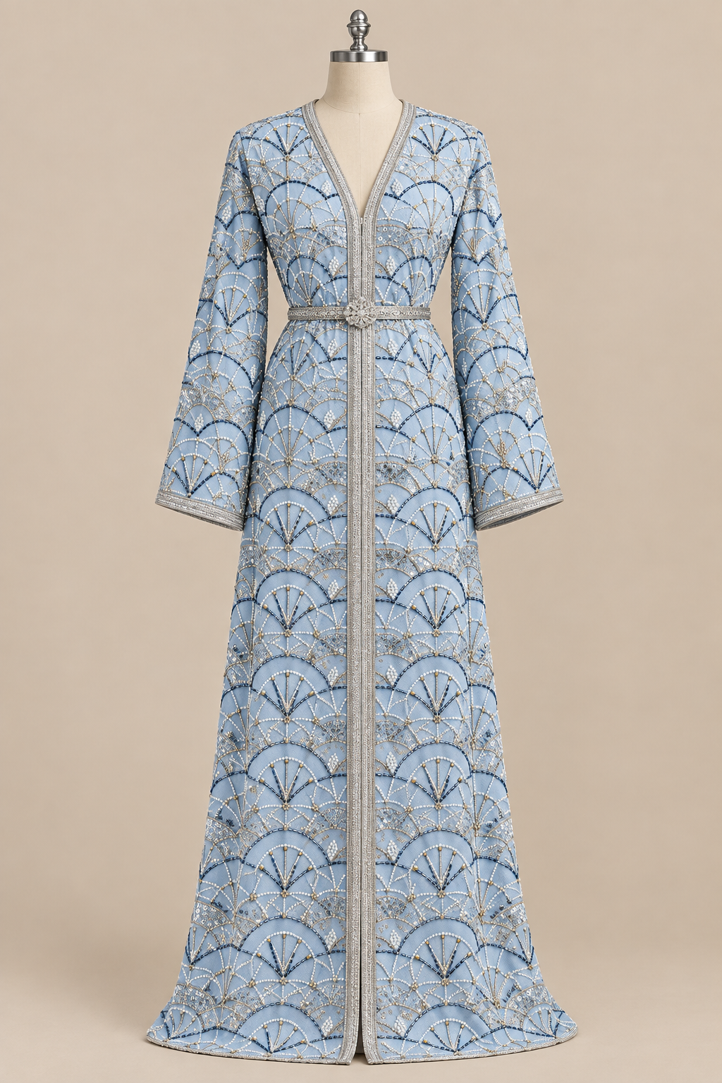 Caftan en tissu Elie Saab Bleu glacier sur mannequin