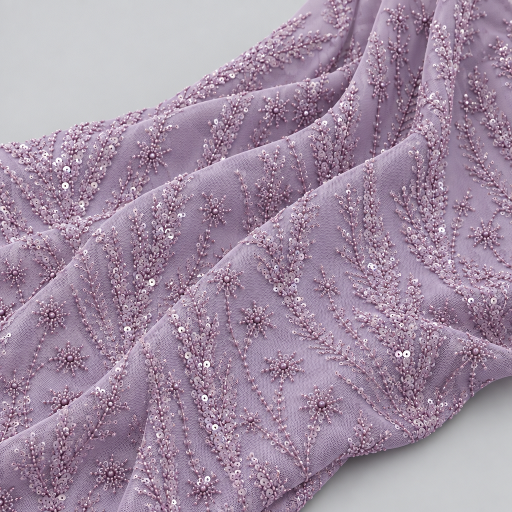 Tissu brodé Elie Saab Mauve fleuri, drapé