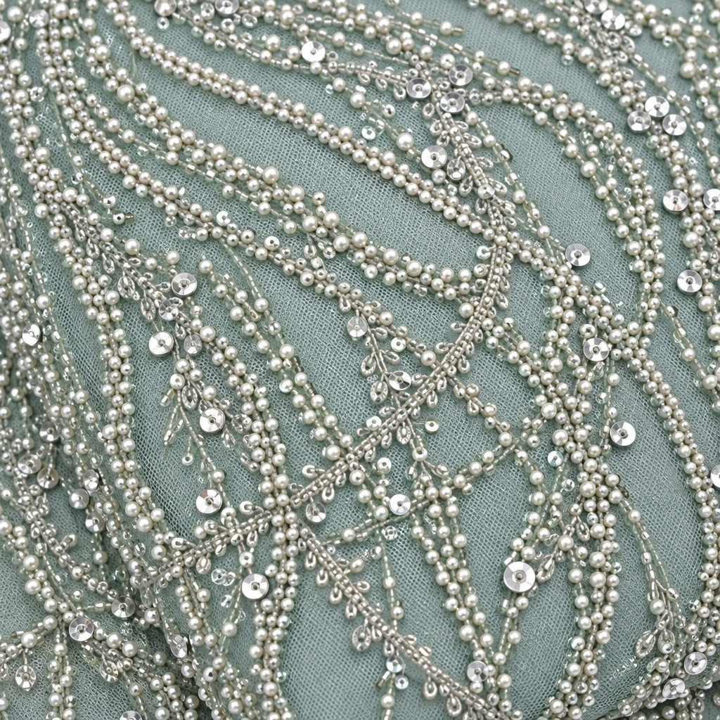 Tissu brodé Elie Saab Vert d'eau perlé, détail de la broderie