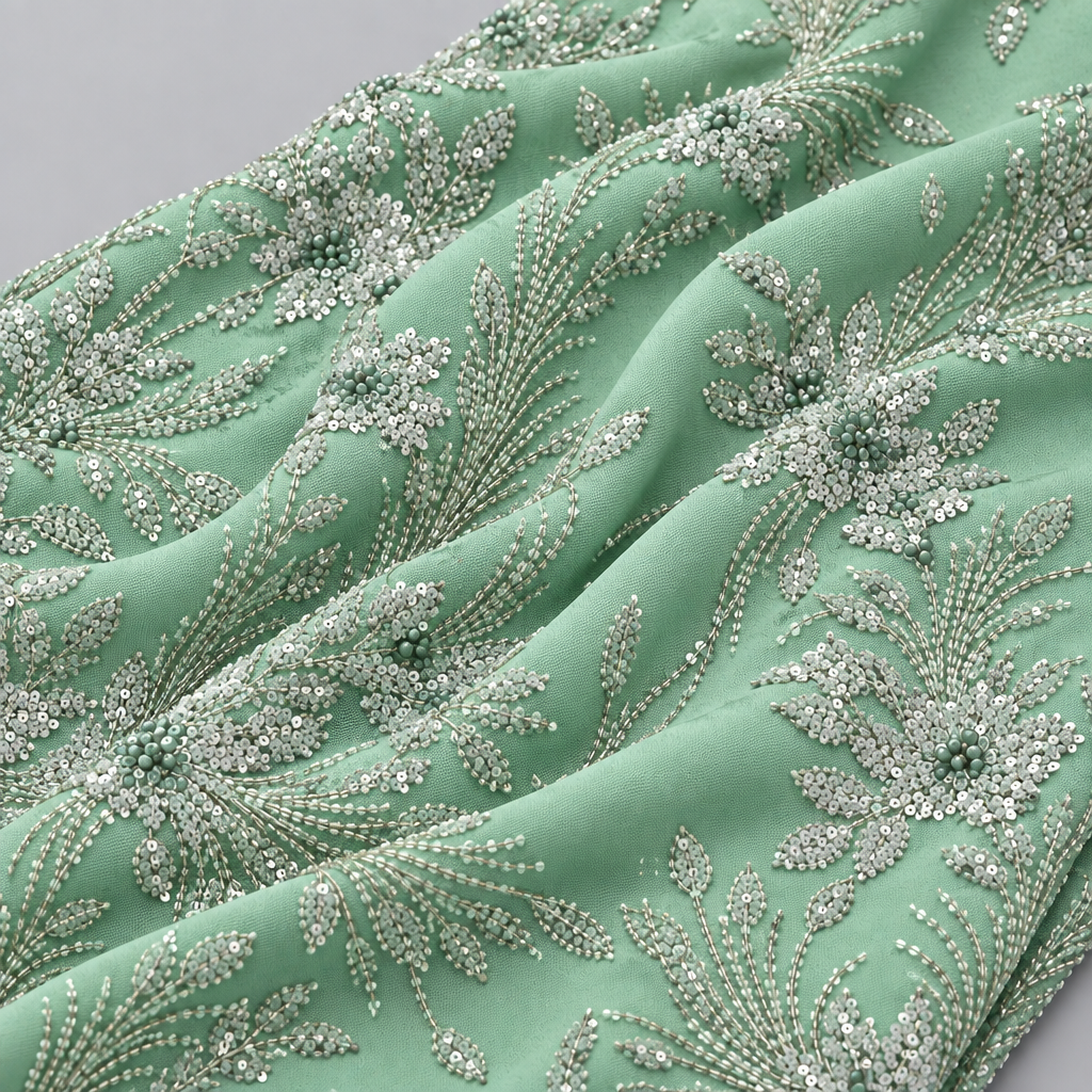 Tissu brodé Elie Saab Vert menthe argenté, drapé