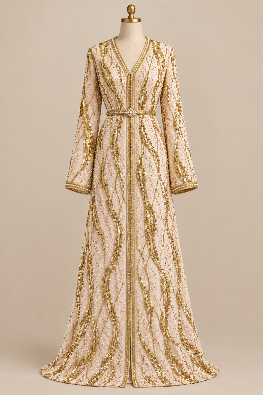 Caftan en tissu Elie Saab Rose poudré doré sur mannequin
