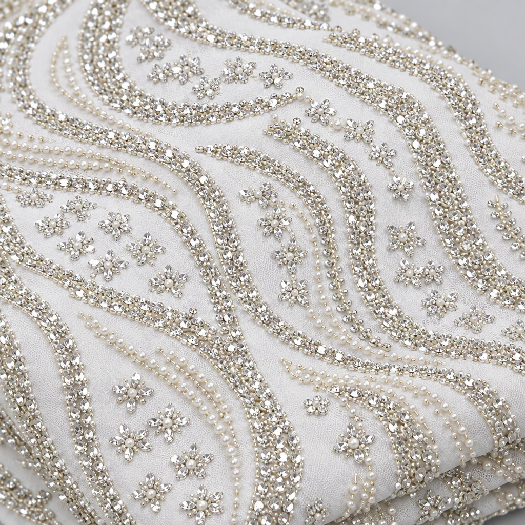 Tissu brodé Elie Saab Blanc perlé, détail de la broderie