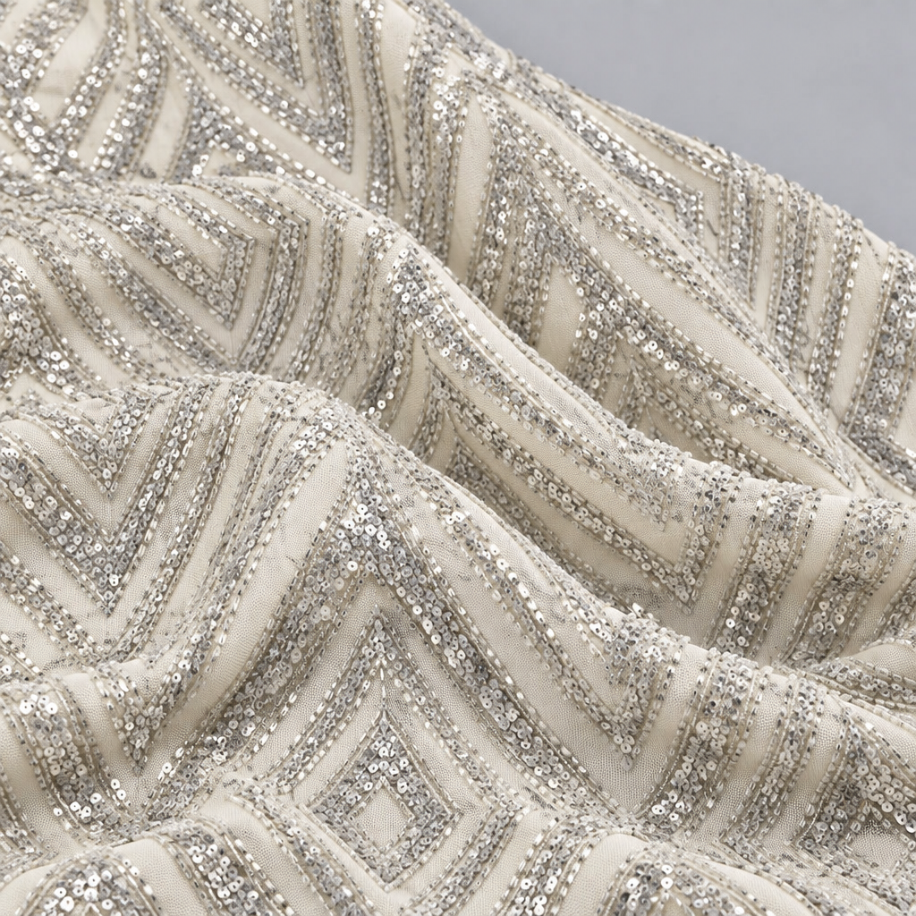 Tissu brodé Elie Saab Crème argenté, drapé