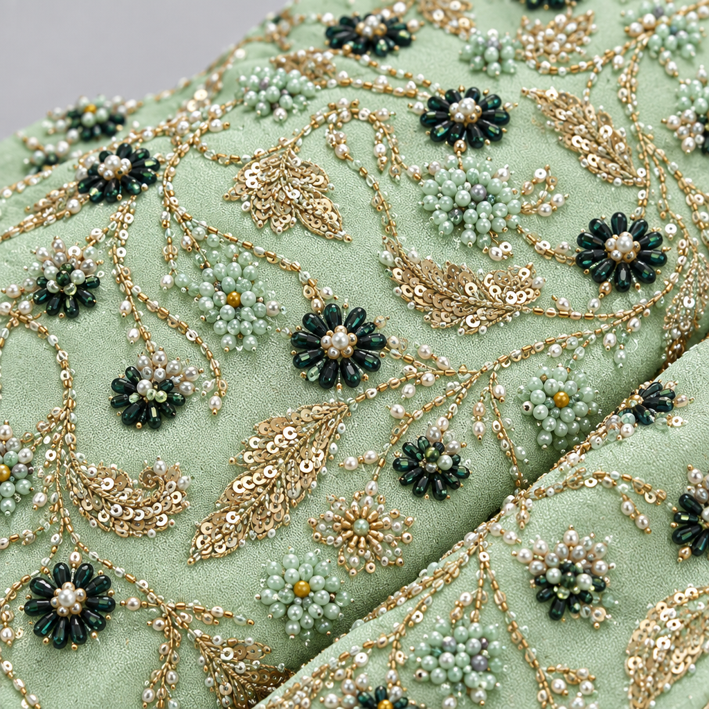 Tissu brodé Elie Saab Vert pastel fleuri, détail de la broderie