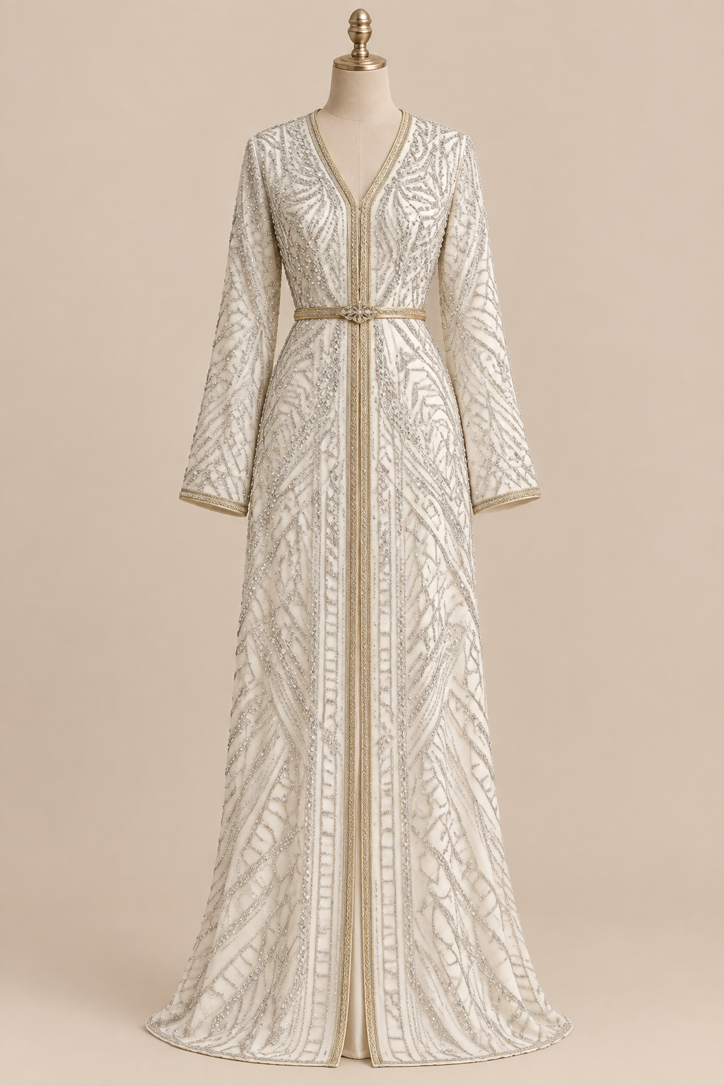Caftan en tissu Elie Saab Ivoire perlé sur mannequin