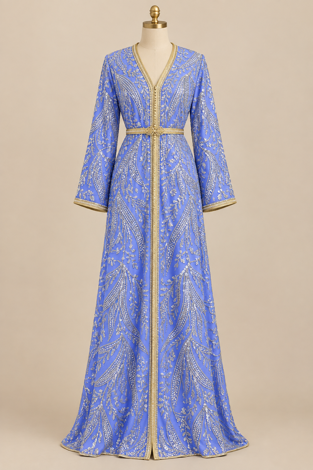 Moroccan caftan in periwinkle blue silver feather lace on beige mannequin