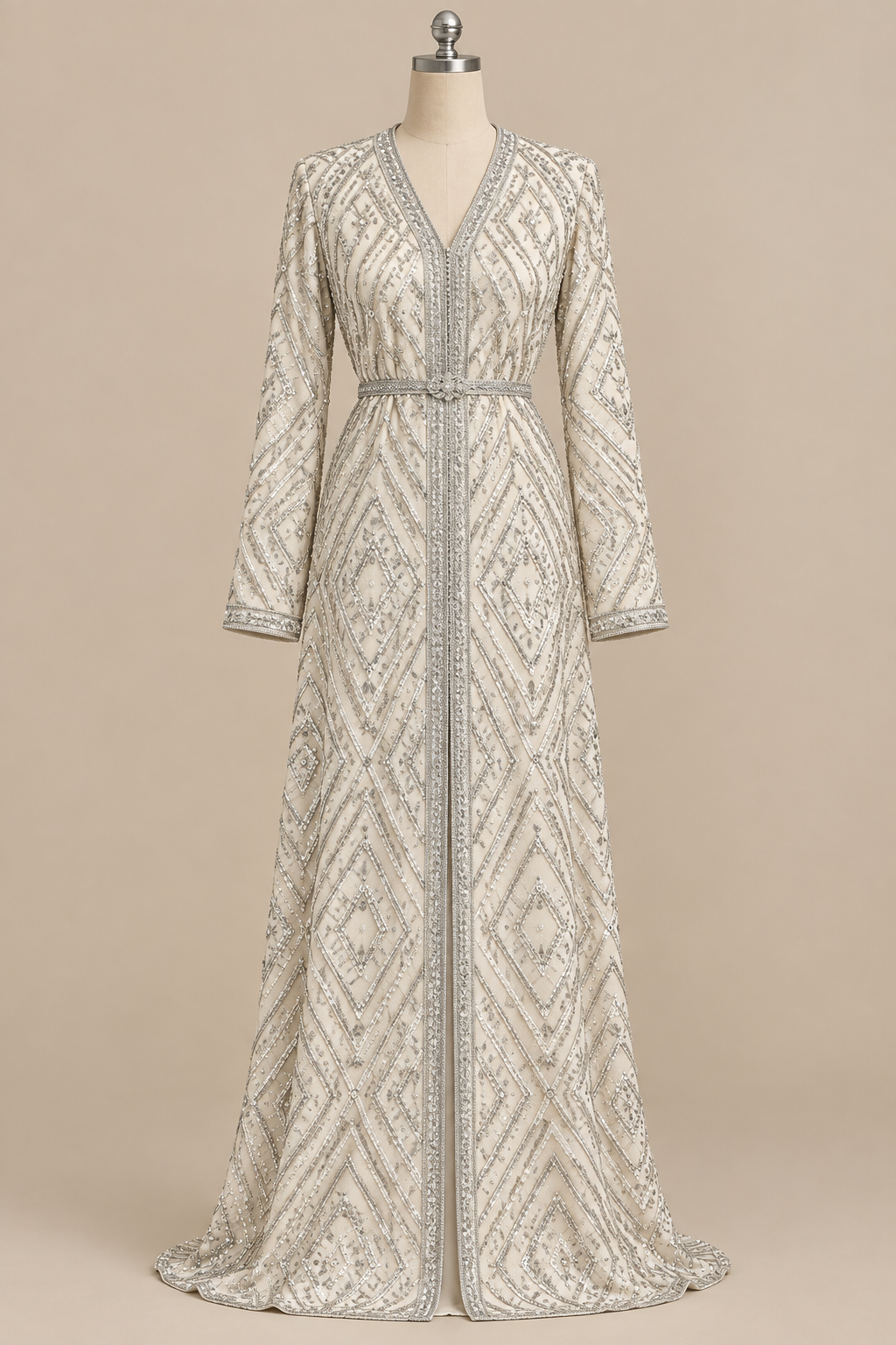Caftan en tissu Elie Saab Crème argenté sur mannequin