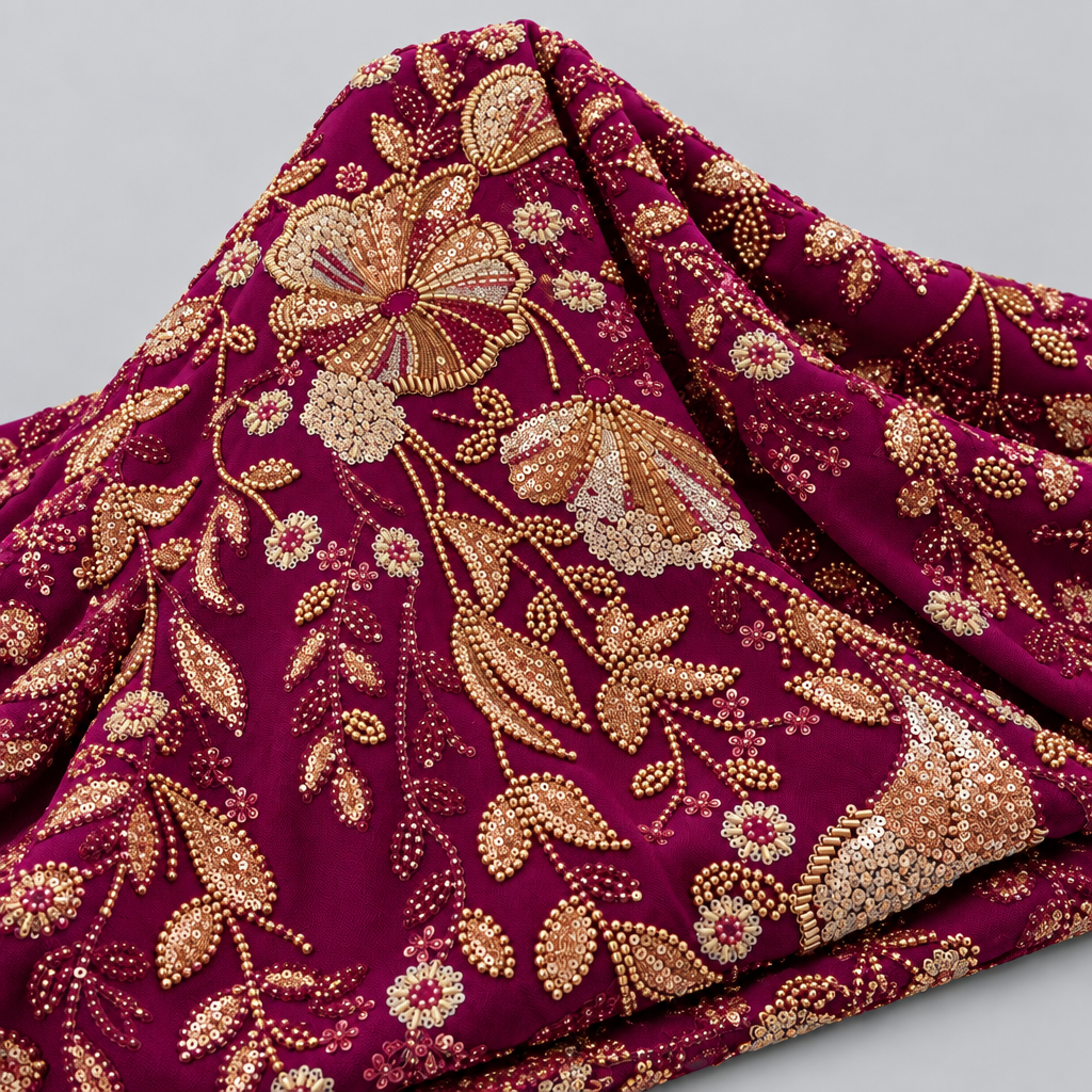 Tissu brodé Elie Saab Fuchsia doré, drapé