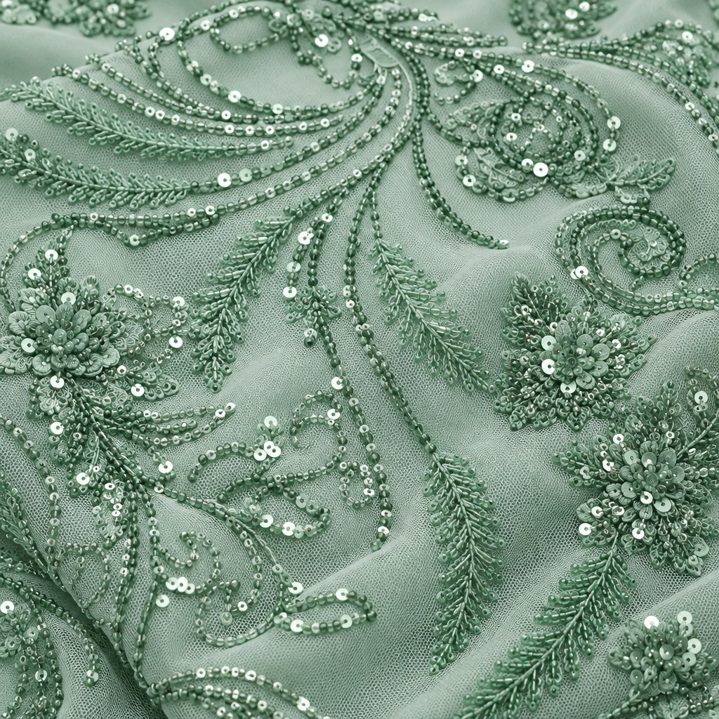 Tissu Elie Saab Vert menthe – close-up broderie