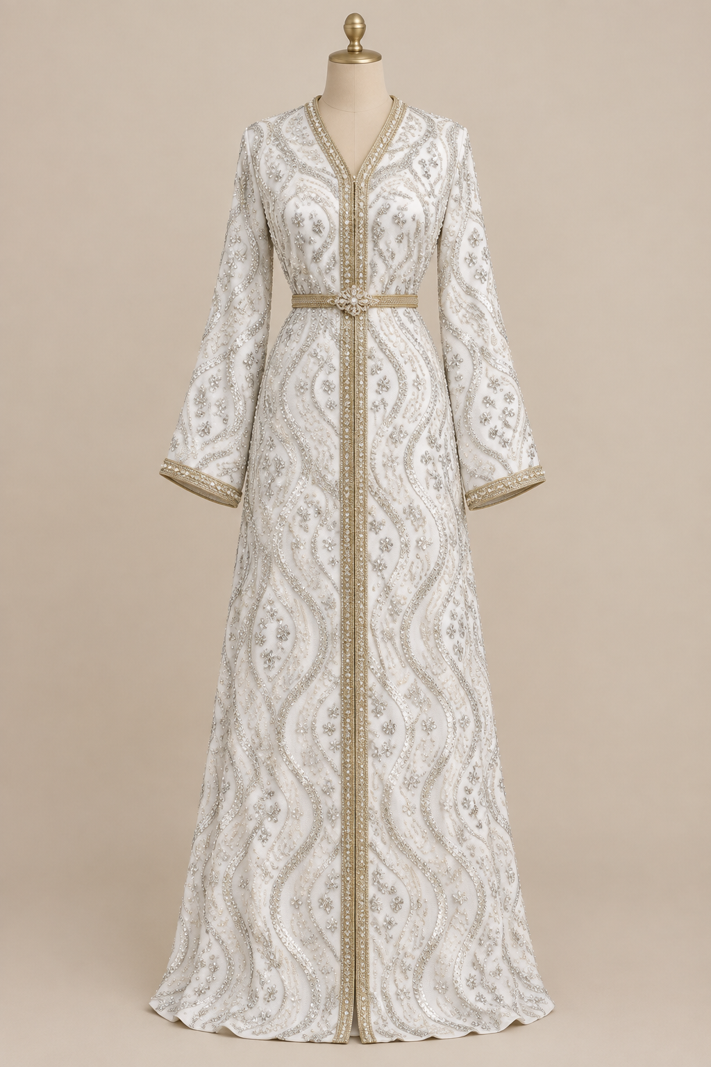 Caftan en tissu Elie Saab Blanc perlé sur mannequin