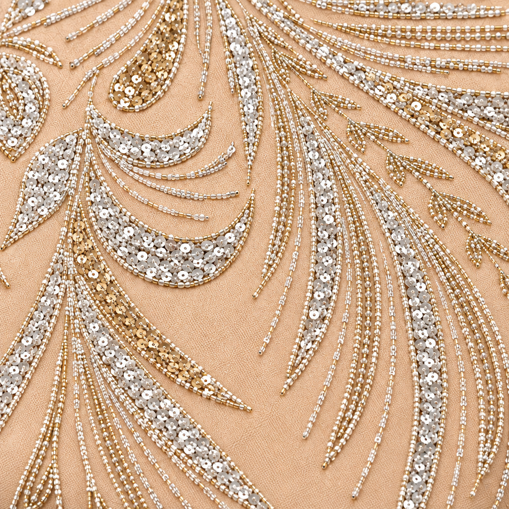 Tissu brodé Elie Saab Pêche perlé, détail de la broderie