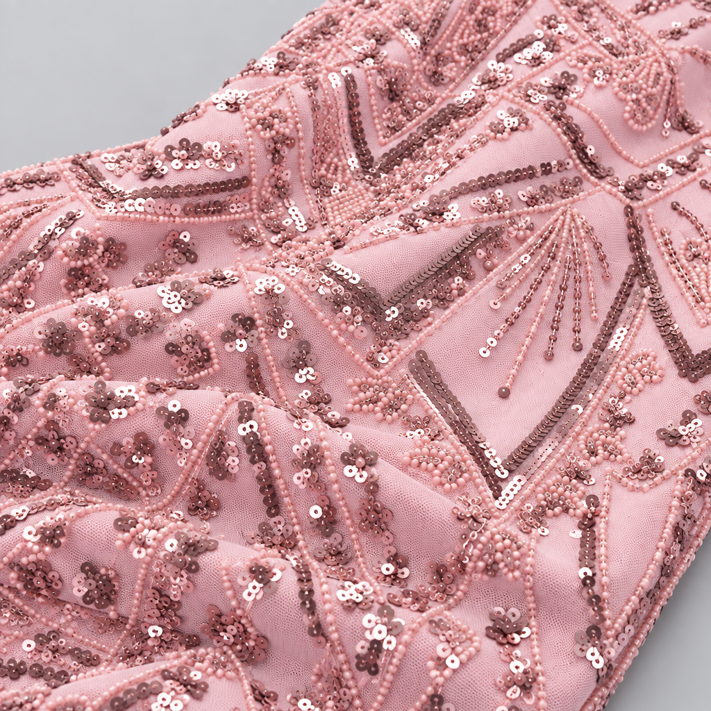 Tissu brodé Elie Saab Rose pailleté, drapé