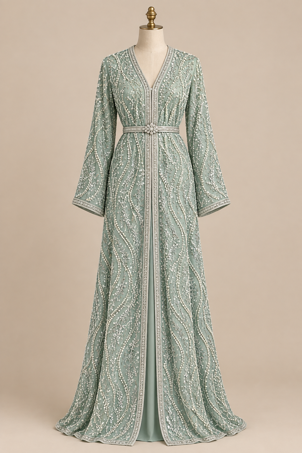 Caftan en tissu Elie Saab Vert d'eau perlé sur mannequin