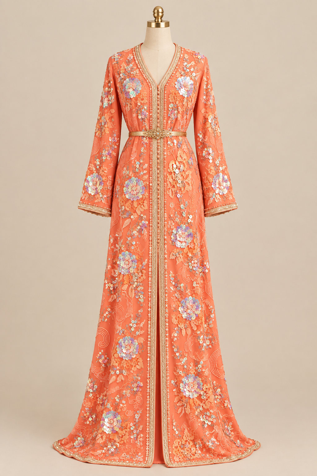 Caftan en tissu Elie Saab Corail fleuri sur mannequin