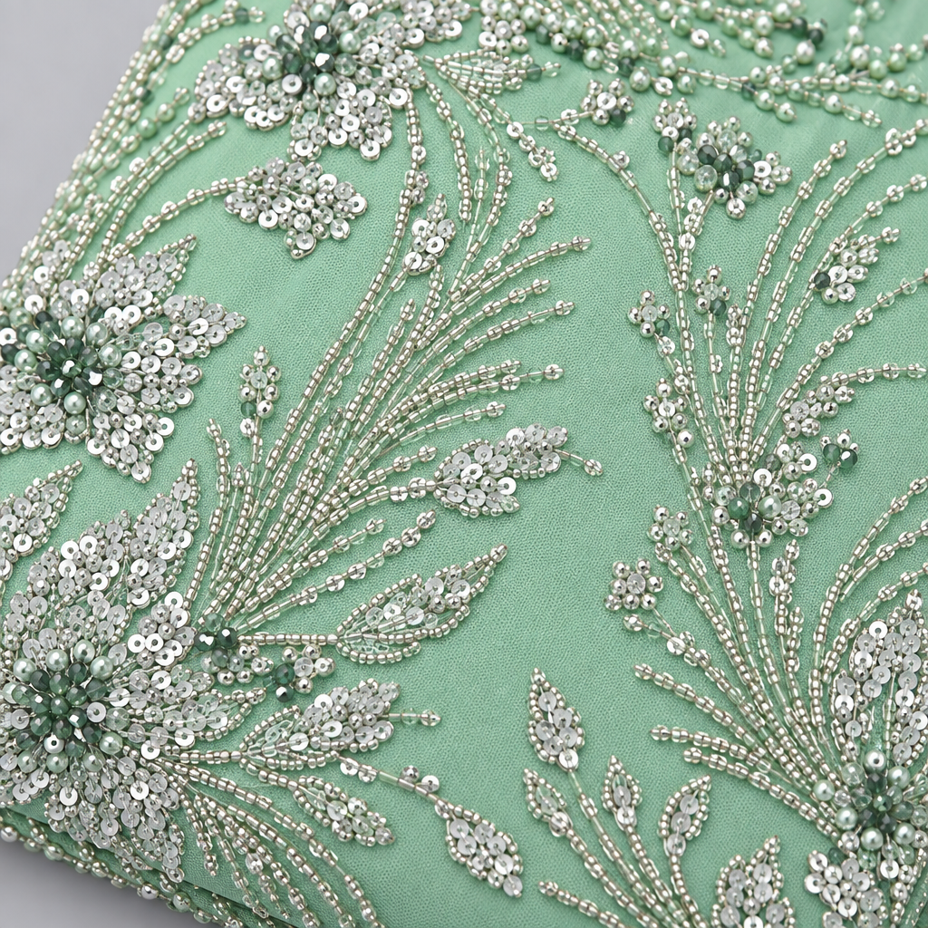 Tissu brodé Elie Saab Vert menthe argenté, détail de la broderie