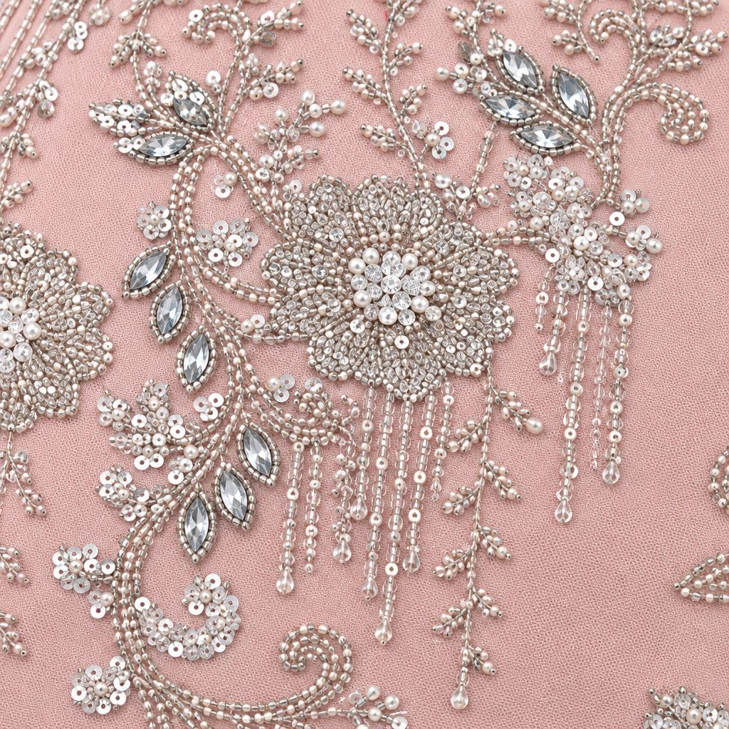 Tissu brodé Elie Saab Rose argenté, détail de la broderie