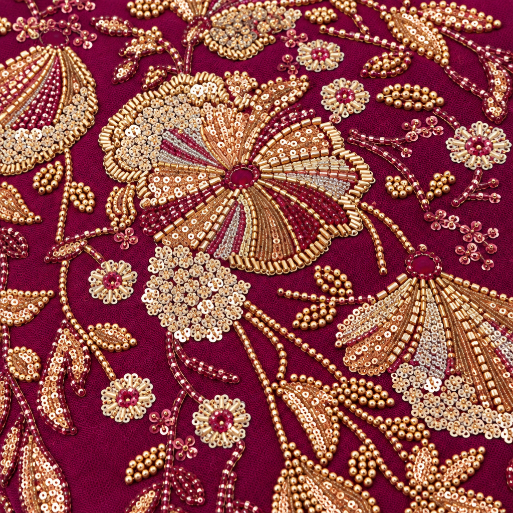 Tissu brodé Elie Saab Fuchsia doré, détail de la broderie