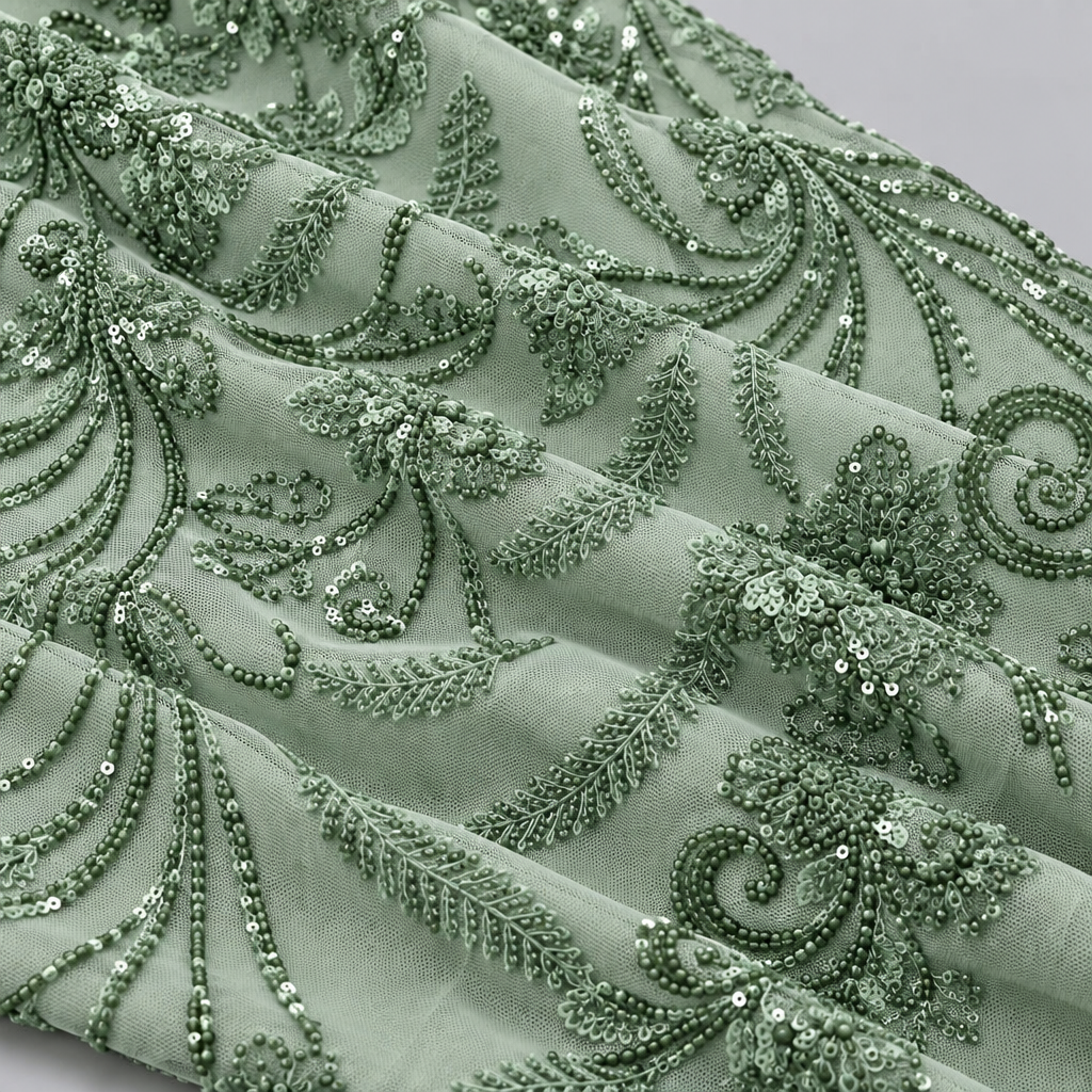 Tissu brodé Elie Saab Vert sauge pailleté, drapé