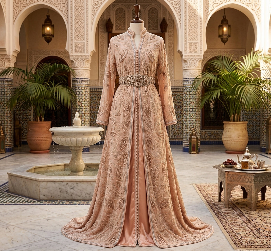 Takchita marocaine réalisée avec tissu rose brodé de perles et sequins dorés